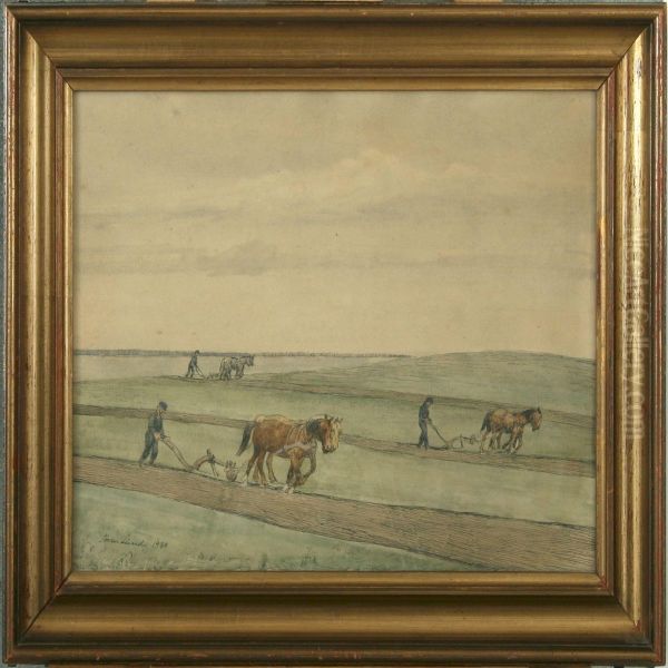 Field Scenery With Farmers Oil Painting by Soren Lund