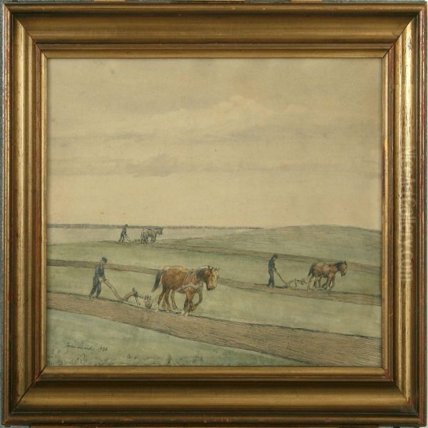 Field Scenery With Farmers Oil Painting by Soren Lund