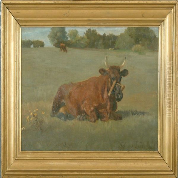 Field With A Resting Cow Oil Painting by Soren Lund