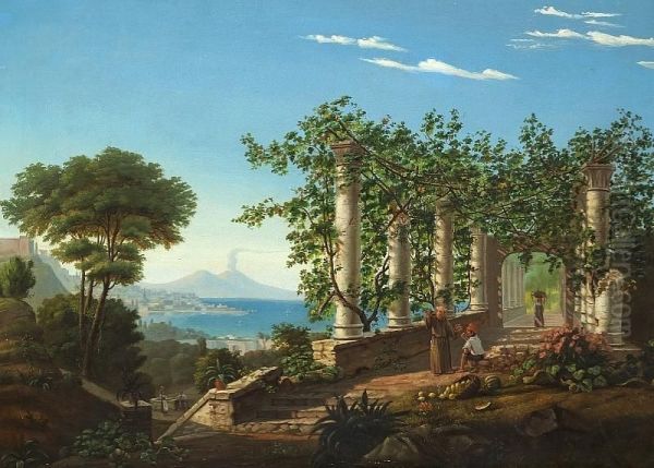 Italians In A Pergola With A View Of The Bay Of Naples And Vesuvius Oil Painting by Theodore F. Lund