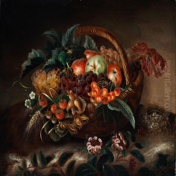 A Basket Of Apples,grapes, Strawberry, Cherry And Nuts Oil Painting by Sara Lundblad