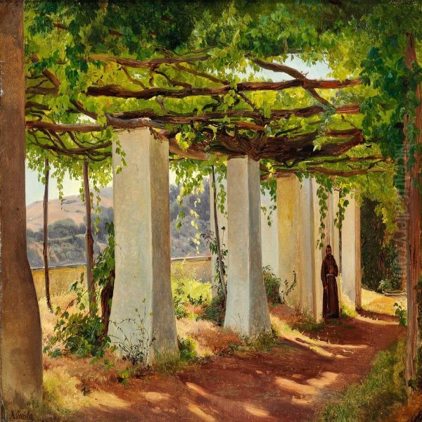 A Monk In A Pergola, Afternoon Light Oil Painting by Anders Christian Lunde