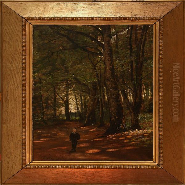 Forest Scenewith A Boy Oil Painting by Justus Lundegard