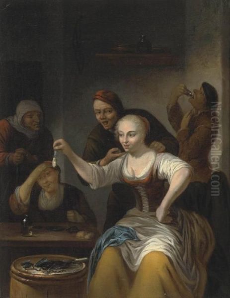 A Barn Interior With A Woman Seated Holding Up Oil Painting by Gerrit Lundens