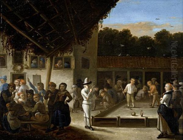 Croquet Being Played In The Courtyard Of An Inn Oil Painting by Gerrit Lundens