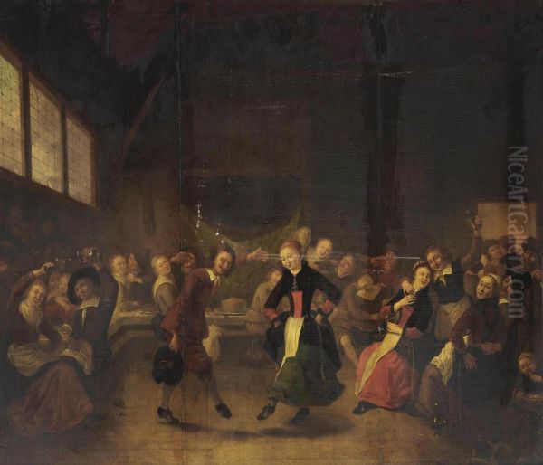 A Peasant Dance In A Barn Interior Oil Painting by Gerrit Lundens