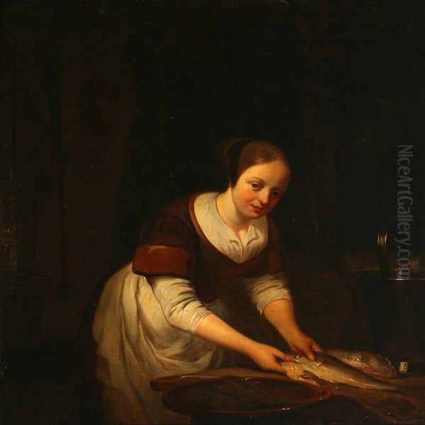 A Young Woman Cleans Fish Oil Painting by Gerrit Lundens