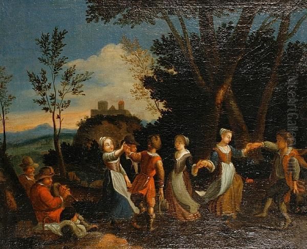 A Country Dance; And Figures In An Interior Oil Painting by Gerrit Lundens