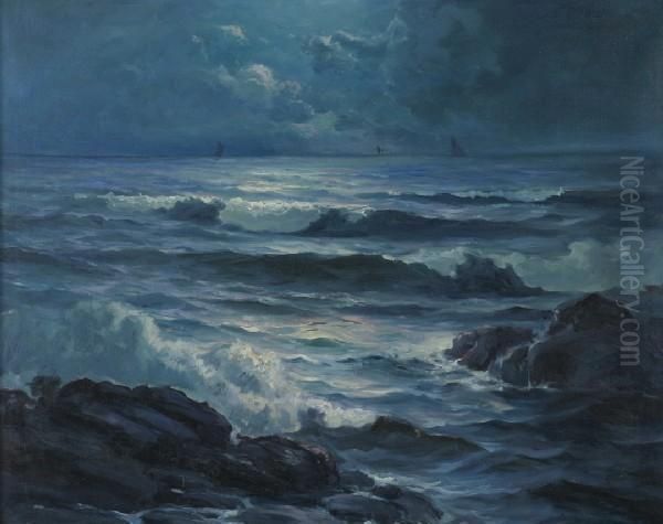 Seascape At Night Oil Painting by Leon Lundmark