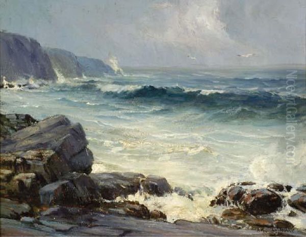 Waves Breaking Along A Rocky Coast Oil Painting by Leon Lundmark