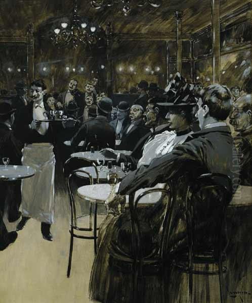 Cafe Scene Oil Painting by Fernand Harvey Lungren