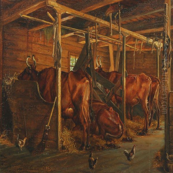 Scenery From A Barn With Cows And Chickens Oil Painting by Agnes Lunn