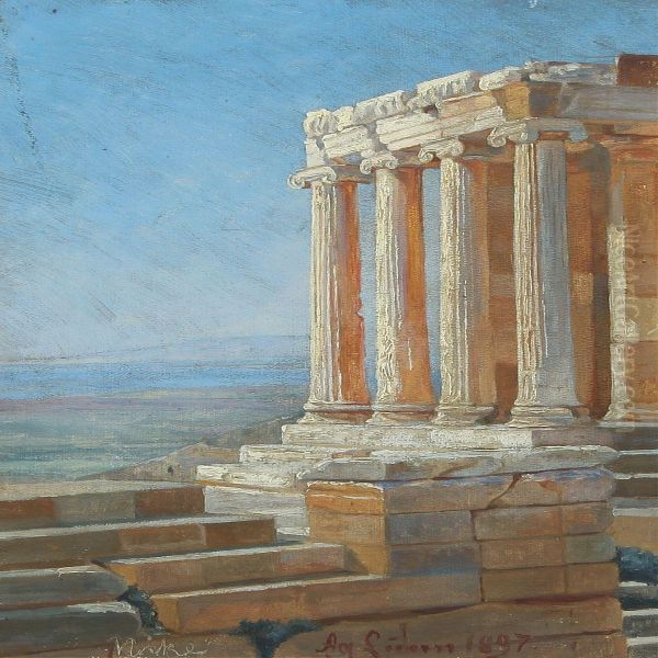 View From Akropolis With Temple Of Nike Oil Painting by Agnes Lunn