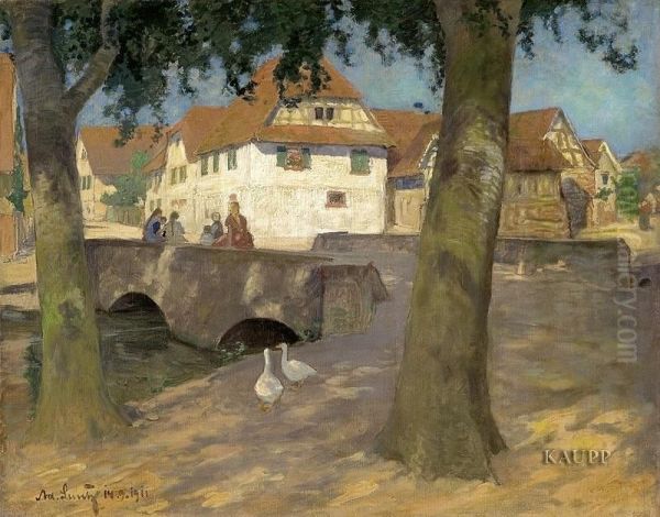 Sommerliches Dorfidyll Mit Auf Einer Steinbrucke Sitzenden Madchen Oil Painting by Adolf Luntz