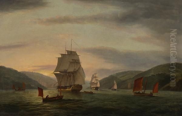 A Frigate Lugger And Merchant Ship In Dartmouth Harbor Oil Painting by Thomas Luny