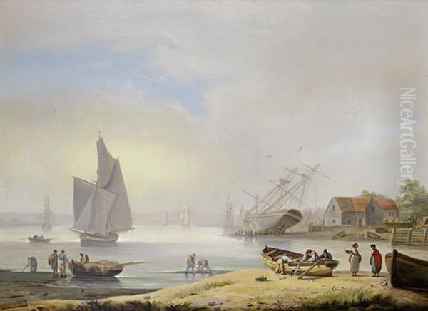 Careening A Two-master On The Foreshore Of The River Exe Above Exmouth Oil Painting by Thomas Luny