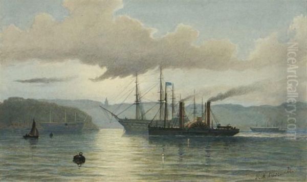 A Paddle Steamer And Further Shipping At Sunset Oil Painting by Henry A. Luscombe