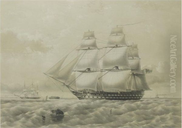 H. M. S. Albion. 90 Guns Oil Painting by Henry A. Luscombe