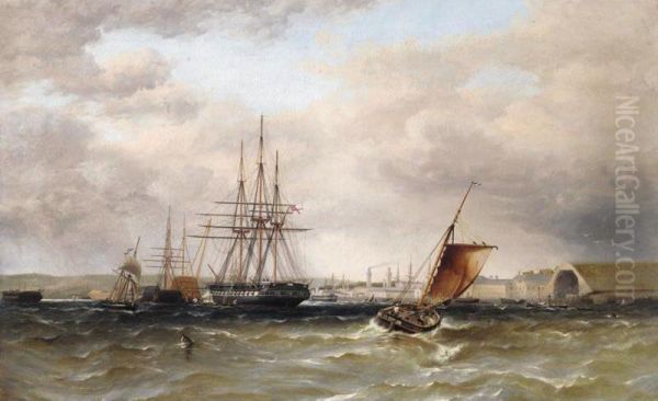 A Frigate And Other Shipping In Plymouth Harbour Oil Painting by Henry A. Luscombe