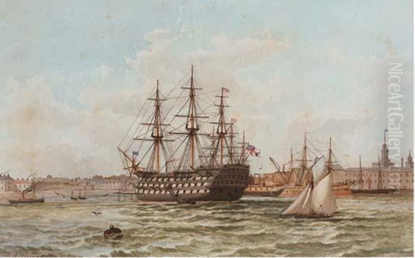 H.m.s. Victory At Her Permanent Mooring In Portsmouth Off The Gunwharf Oil Painting by Henry A. Luscombe