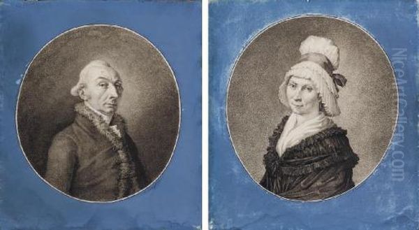 Portrait D'une Femme Vue De Profil Vers La Gauche Et Portant Une Coiffe; Et Portrait D'un Homme Vu De Profil Vers La Droite Oil Painting by L. Lussigny