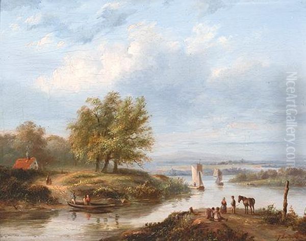 Activity Along The River Oil Painting by Petrus Josephus Lutgers