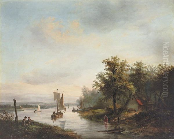 Sailing Down The River Oil Painting by Petrus Josephus Lutgers