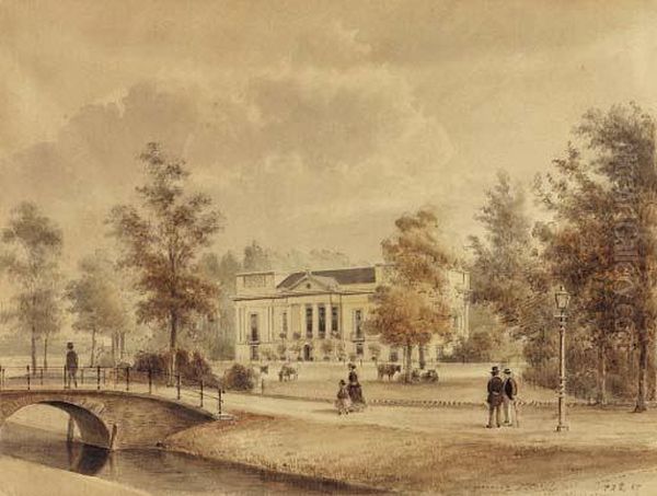 A View Of The Villa Hoogland, Utrecht, With Elegant Figures In Thepark Near A Bridge Oil Painting by Petrus Josephus Lutgers