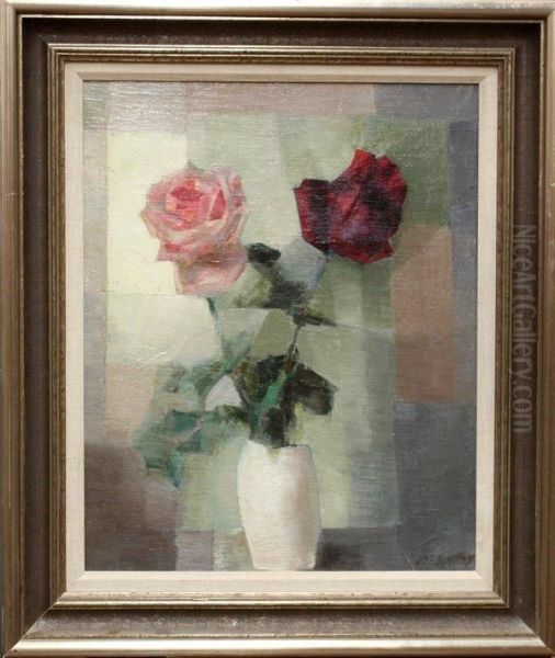 Still Life With Pink And Red Roses Oil Painting by Oskar Wilhelm Luthy