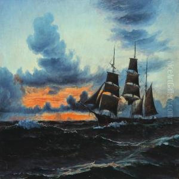 Seascape With Sailing Ship Oil Painting by Mathias Lutken