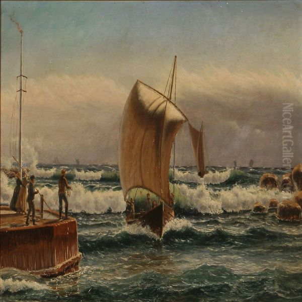 Coastal Scene With A Sailing Ships Heading Ashore Oil Painting by Mathias Lutken