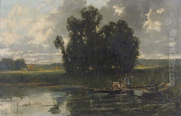 Flusspartie Mit Fischern In Einem Boot Oil Painting by Fernand Lutscher