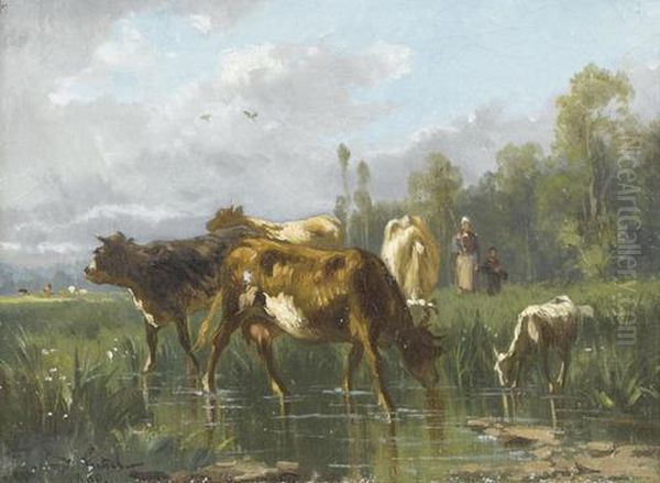 Auenlandschaft Mit Weidenden Kuhen Oil Painting by Fernand Lutscher