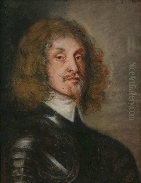 Portrait Of A Gnetleman, Believed To Be Sir Edmund Verney, Head And Shoulders, Wearing Armoured Tunic And White Collar, And Another, Portrait Of A Gentleman Believed To Be Sir John Verney, Head And Shoulders, Wearing Long Brown Wig Oil Painting by Edward Lutterell