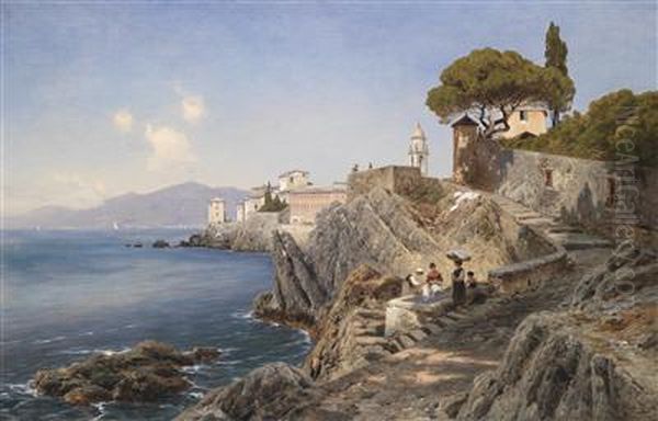 On The Coast Near Sturla By Genoa Oil Painting by Ascan Lutteroth