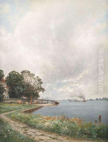 At The Lower Elbe With Landing Stage Zollenspieker. Oil Painting by Ascan Lutteroth