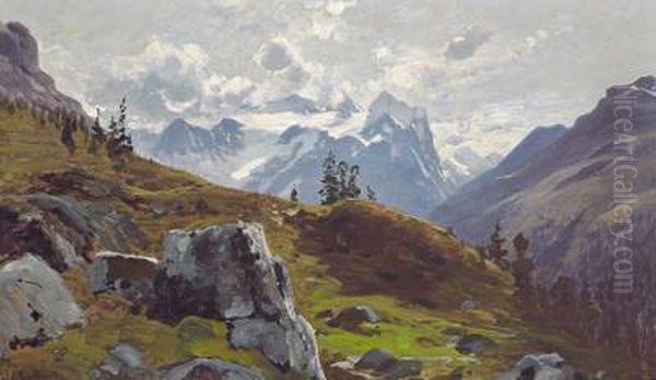 Engstlenalp Mit Blick Auf Das Wetterhorn Oil Painting by Ascan Lutteroth