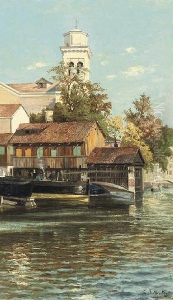 A Venetian Boatyard Near The San Trovaso Church Oil Painting by Emma Lutteroth