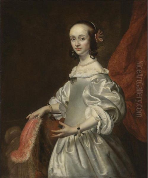 Portrait Of A Young Lady, Half Length, Wearing A White Satin Dress And Holding A Feather Oil Painting by Isaac Luttichuys