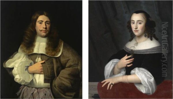 A Portrait Of Andries Rijckaert (1636-1716), Standing Half-length, Wearing A Brown Coat With A White Lace Collar And Purple Ribbons; A Portrait Of His Sister Susanna Rijckaert (born 1635), Half Length, Wearing A Black Dress With A White Lace Collar And W Oil Painting by Isaac Luttichuys