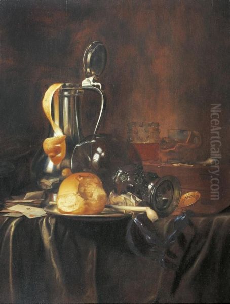 Still Life With Pewter Jug, Rummer, Bread Roll And Pipe On A Plate,with Cards And Pipe On A Draped Table Cloth. Oil Painting by Simon Luttichuys