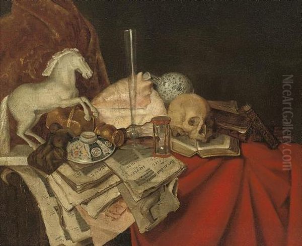 A Conch Shell, Books And Papers, A Porcelain Bowl, A Maquette Of A Horse, A Glass Vase And Skull On A Partly-draped Ledge Oil Painting by Simon Luttichuys