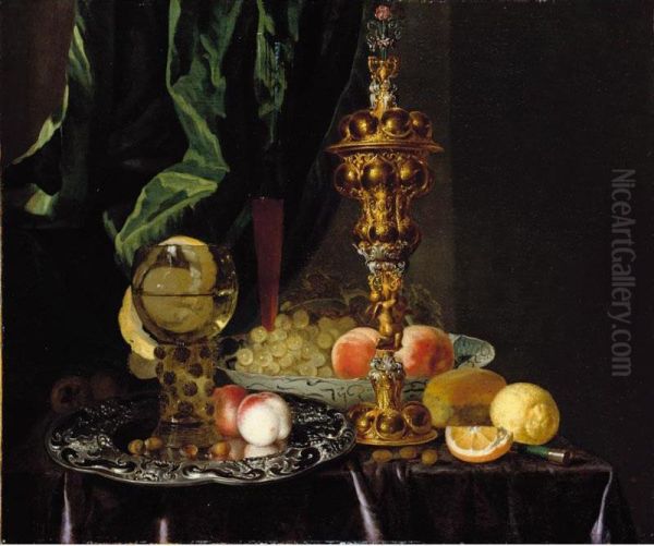 A Still Life Of Peaches, Grapes, A Lemon, A Segment Of Orange, Hazelnuts And A Bread Roll, Together With A Roemer, A Large Gold Oil Painting by Simon Luttichuys