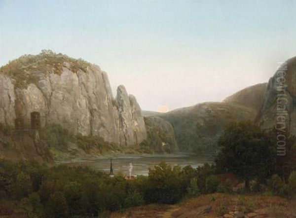 Rheinlandschaft Mit Bergen Und Burgruine In Derabenddammerung Oil Painting by August Luttmann