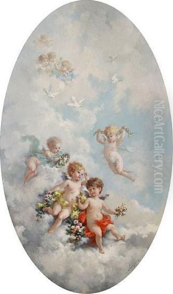 Putti With Fruit; Putti With Flowers Oil Painting by Charles Augustus Henry Lutyens