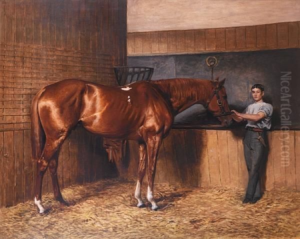 'avontes' And Groom In A Stable Interior Oil Painting by Charles Augustus Henry Lutyens