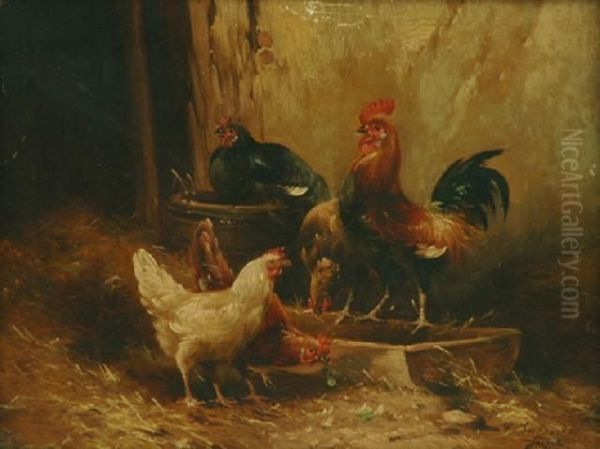 Chickens Feeding Oil Painting by Charles Augustus Henry Lutyens