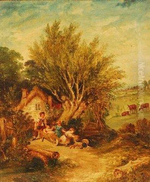 Children Playing Near A Cottage With Cattle In The Distance Oil Painting by Edwin Landseer Lutyens