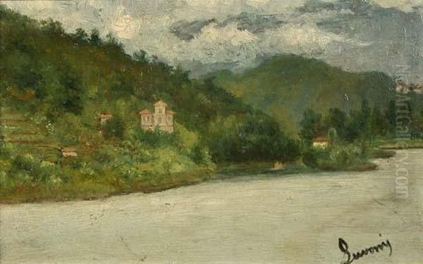 A Ponte Tresa Oil Painting by Luigi Luvoni