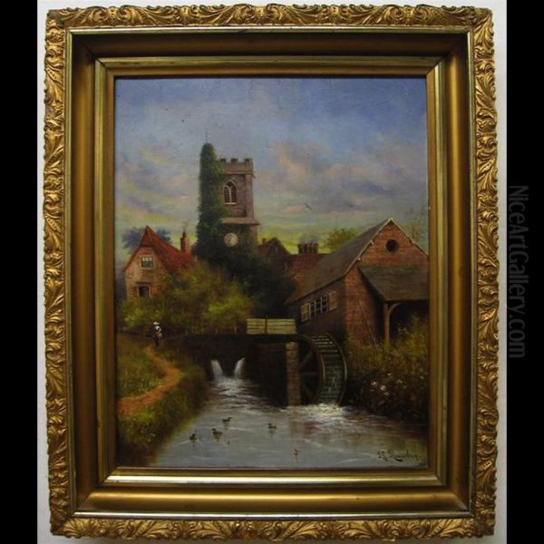 The Church And Mill, Lullington, Somerset Oil Painting by J. Luxton Rawbon